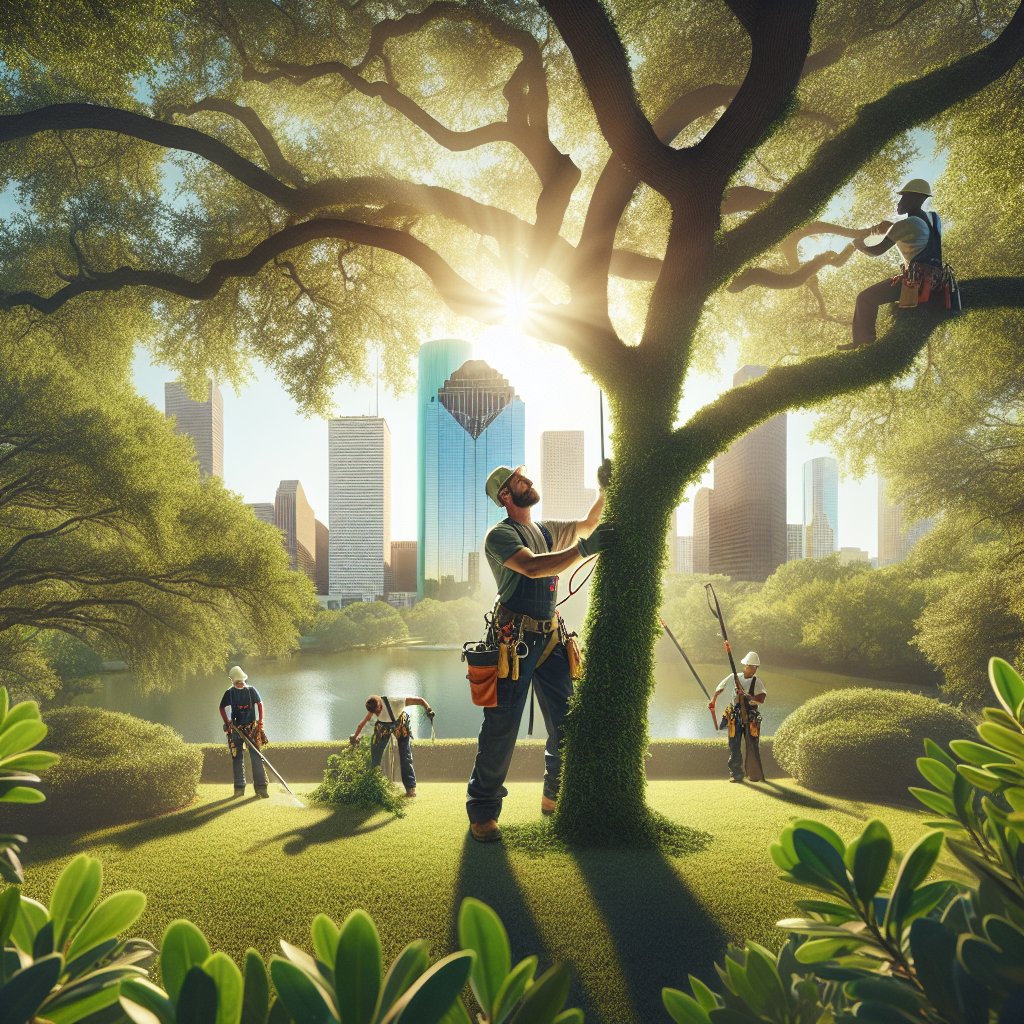Photograph capturing a lush Houston landscape, showcasing skilled tree service professionals in action