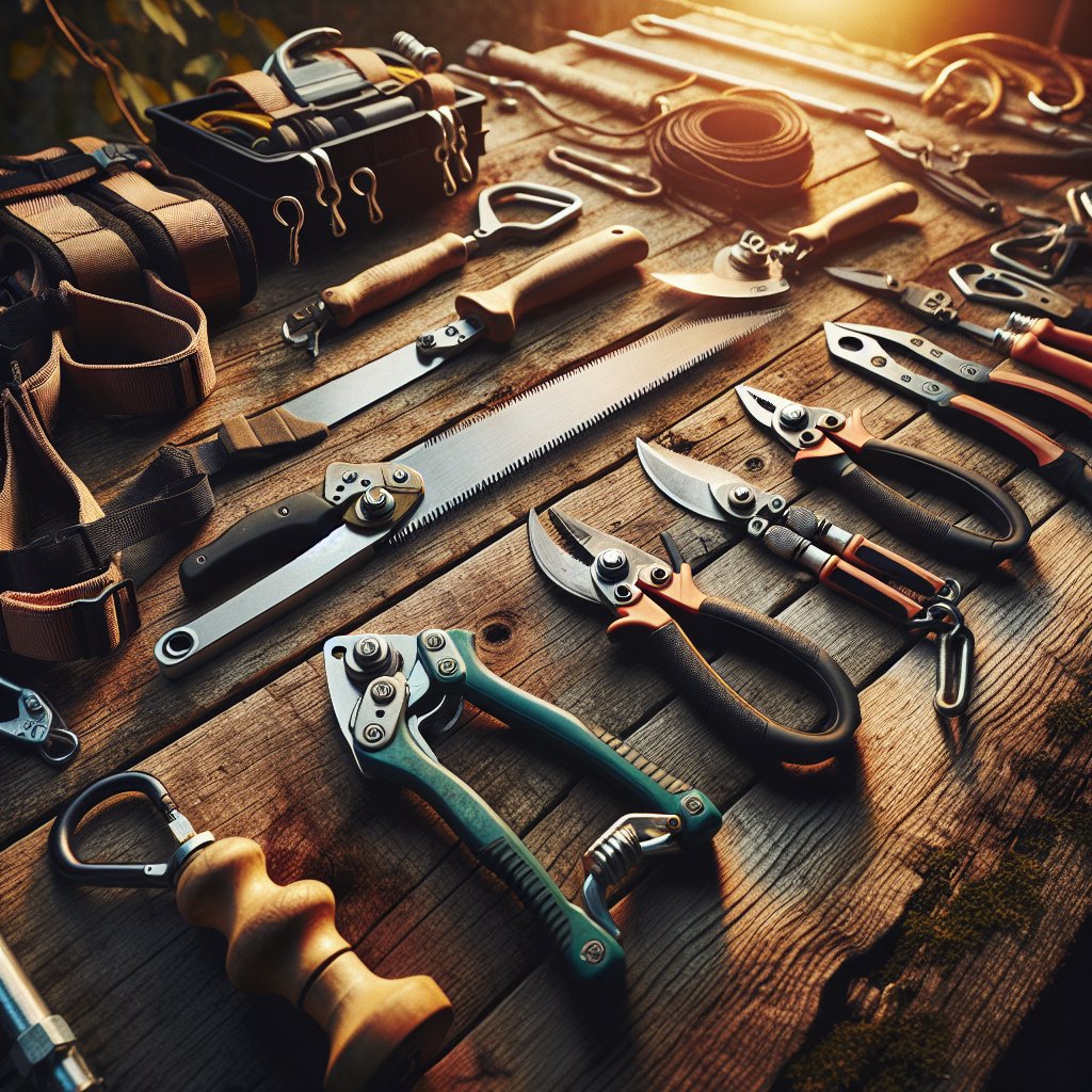 Arborist's collection of specialized tools arranged on a weathered wooden workbench in natural daylight, including