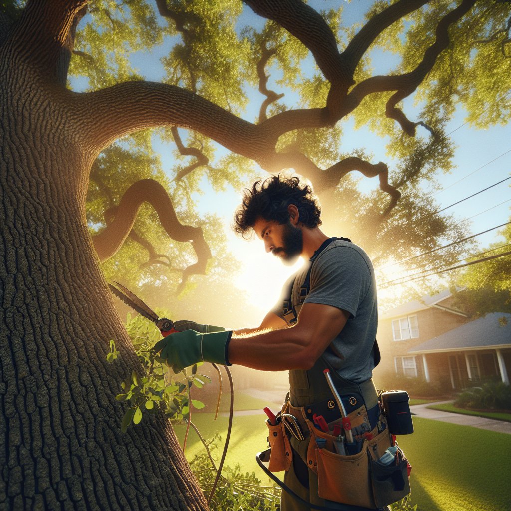 Arborist in safety gear carefully trims branches from a large, mature oak tree in a residential Houston neighborhood