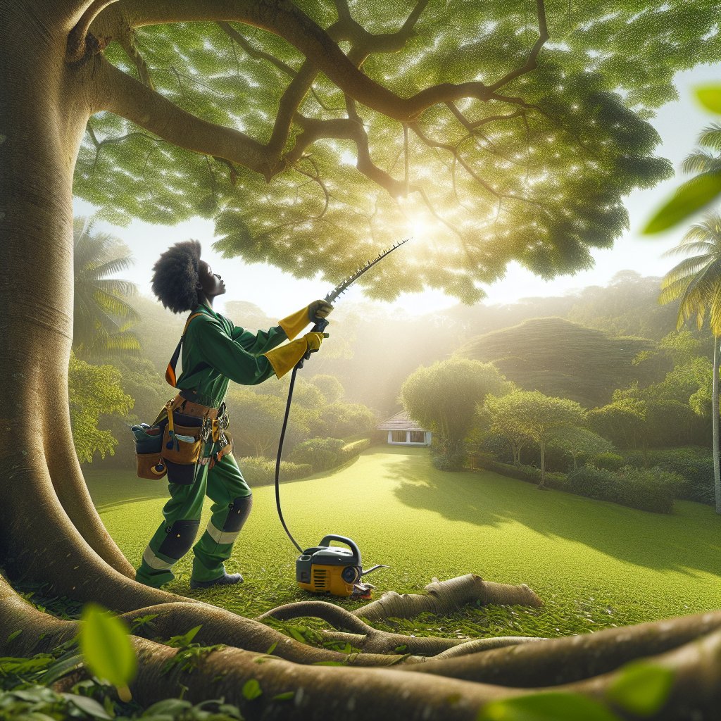 Arborist in safety gear skillfully trims branches from a mature tree using precision equipment, with dappled sunlight