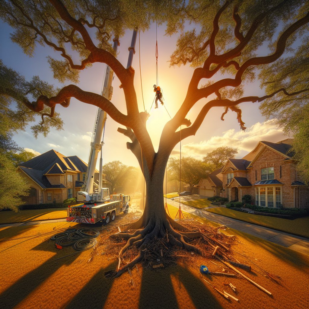 Arborist in safety gear operates a large crane to carefully remove a massive, diseased oak tree from a residential